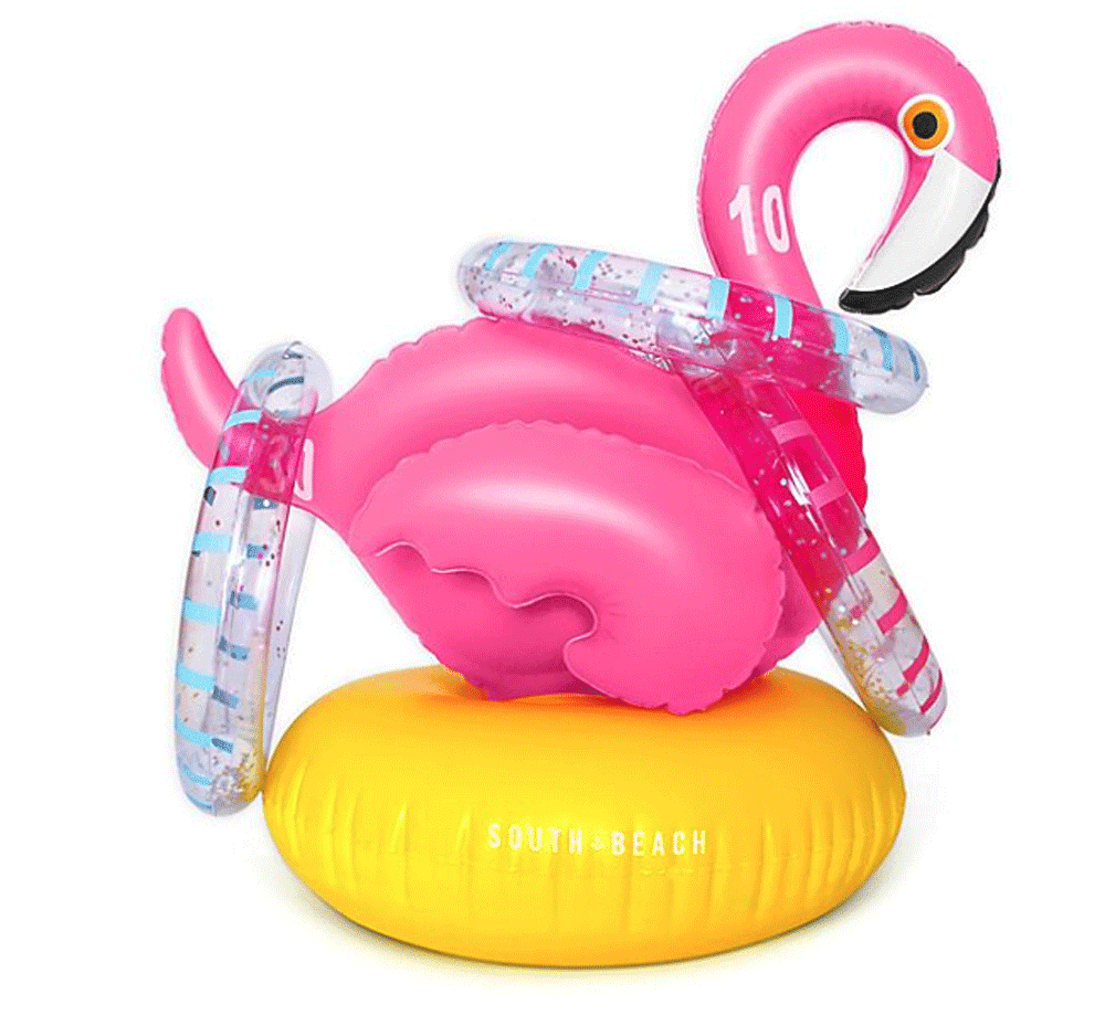 KATOOM Inflatable Flamingo Ring Toss Game 2 Pcs Inflatable Flamingo Hat Pool Toys Party Decoration with 12 pcs Floating Swimming Rings for Kids and Adult Family Party Game Water Fun 