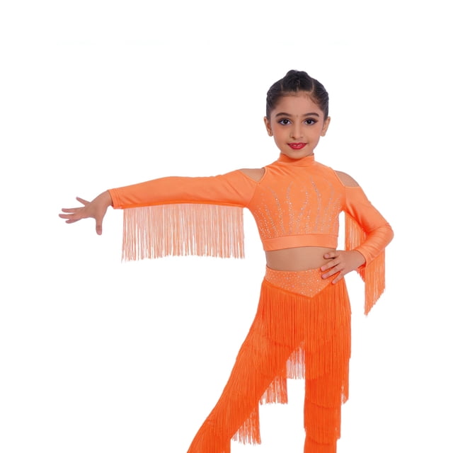 Runhomal Latin Dance Shirts for Girls Long Sleeve Cold Shoulder Tassels Dance Performance Crop Top Fluorescent Orange 12