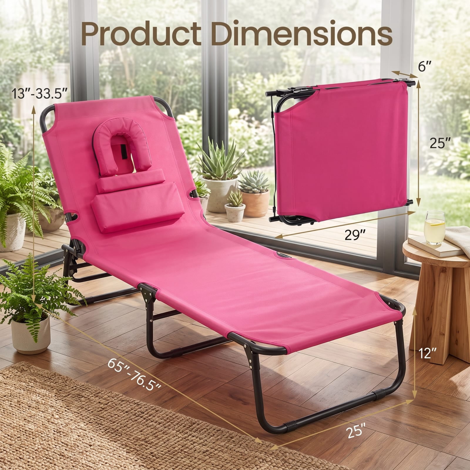 Furnibear Folding Patio Chair Solid Metal for Backyard Deck Garden Pink 330 lbs Capacity Weather-Resistant Outdoor Furniture