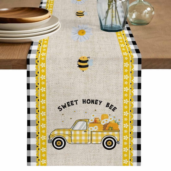 Table Runner 48 Inches Long for Kitchen Dining, Yellow Truck Dresser Scarf Farmhouse, Dining Table Decorations for Wedding/Parties, Spring Bees Honey Daisy Black Buffalo Plaid 13 x 48 In