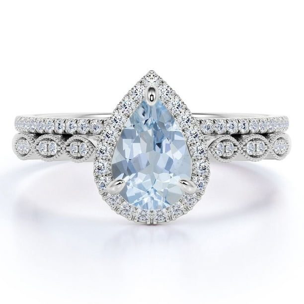 JeenMata Anillo Nupcial Antiguo con Aguamarina y Moissanita en Forma de Pera de 1,5 Quilates Engastado en Oro Blanco de 18 K sobre Plata
