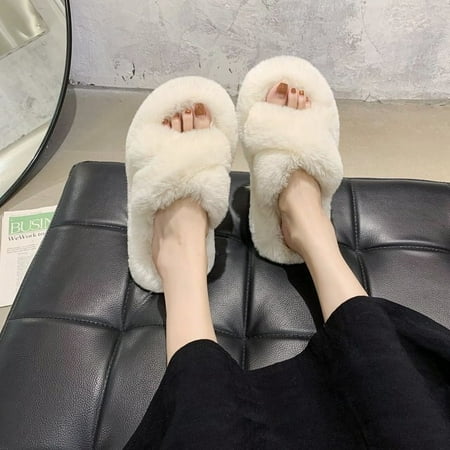 

PIKADINGNIS Winter House Women Fur Slippers Fashion Cross Band Warm Plush Ladies Fluffy Shoes Cozy Open Toe Indoor Fuzzy Slides For Girls