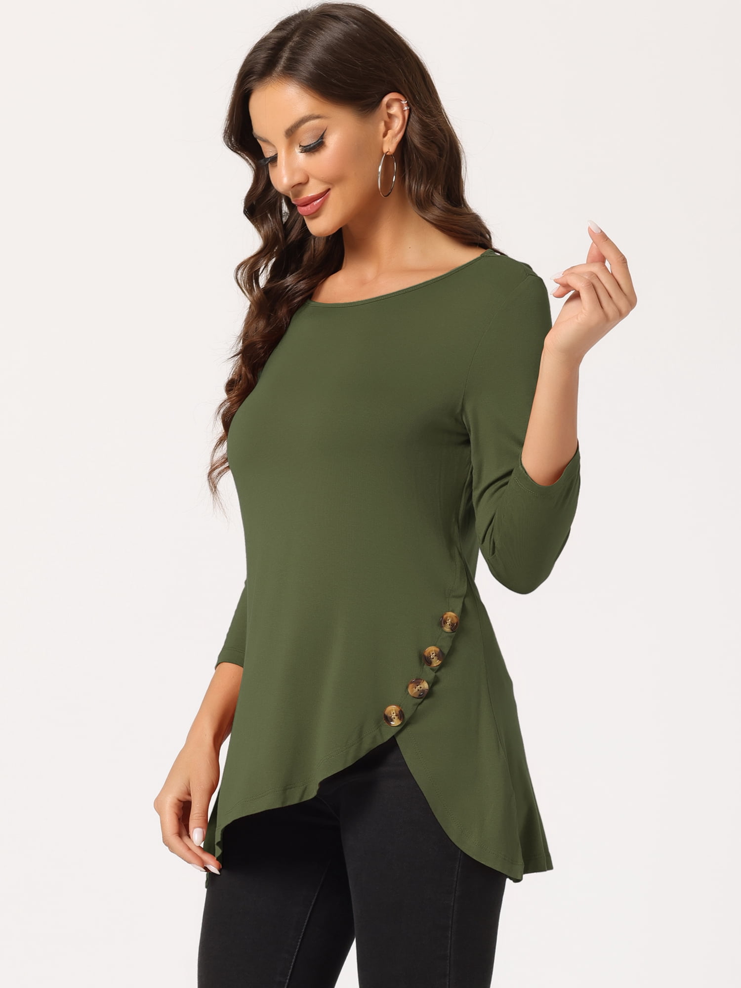 DARING DIVA Women's Casual Stretchy Tunic Asymmetric Hem Top XS Army Green
