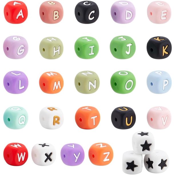 110pcs Silicone Letter Spacer Beads 12mm Cube A-Z Alphabet Beads and Star Beads Colorful Letter Silicone Loose Beads for Beadable Pen Lanyards Keychain Bracelet Necklace Handmade Craft