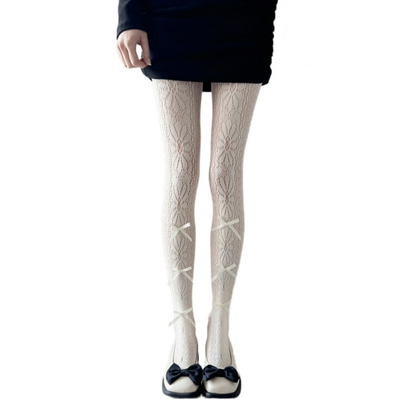 Women Sweet Bowknot Sheer ThinMesh Pantyhose JapaneseJK Floral Patterned Lace Tights Leggings Stockings