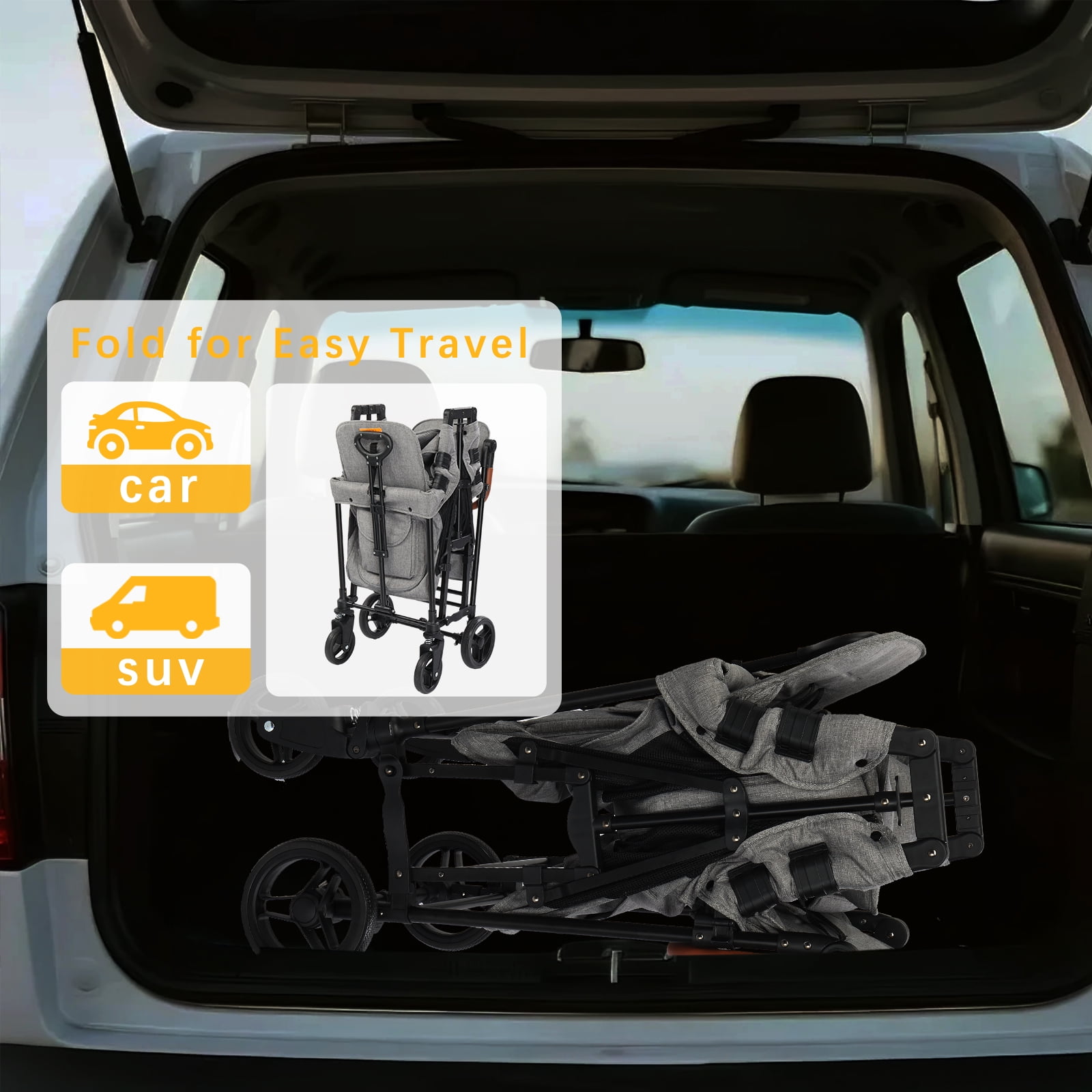 Foldable Stroller Wagon for 2 Kids, Adjustable & Removable Canopy, Oversized Storage Basket, Convertible High Seat & Organizer, Wagon Cart with Double Adjustable Push Bars, for Beach, Camping
