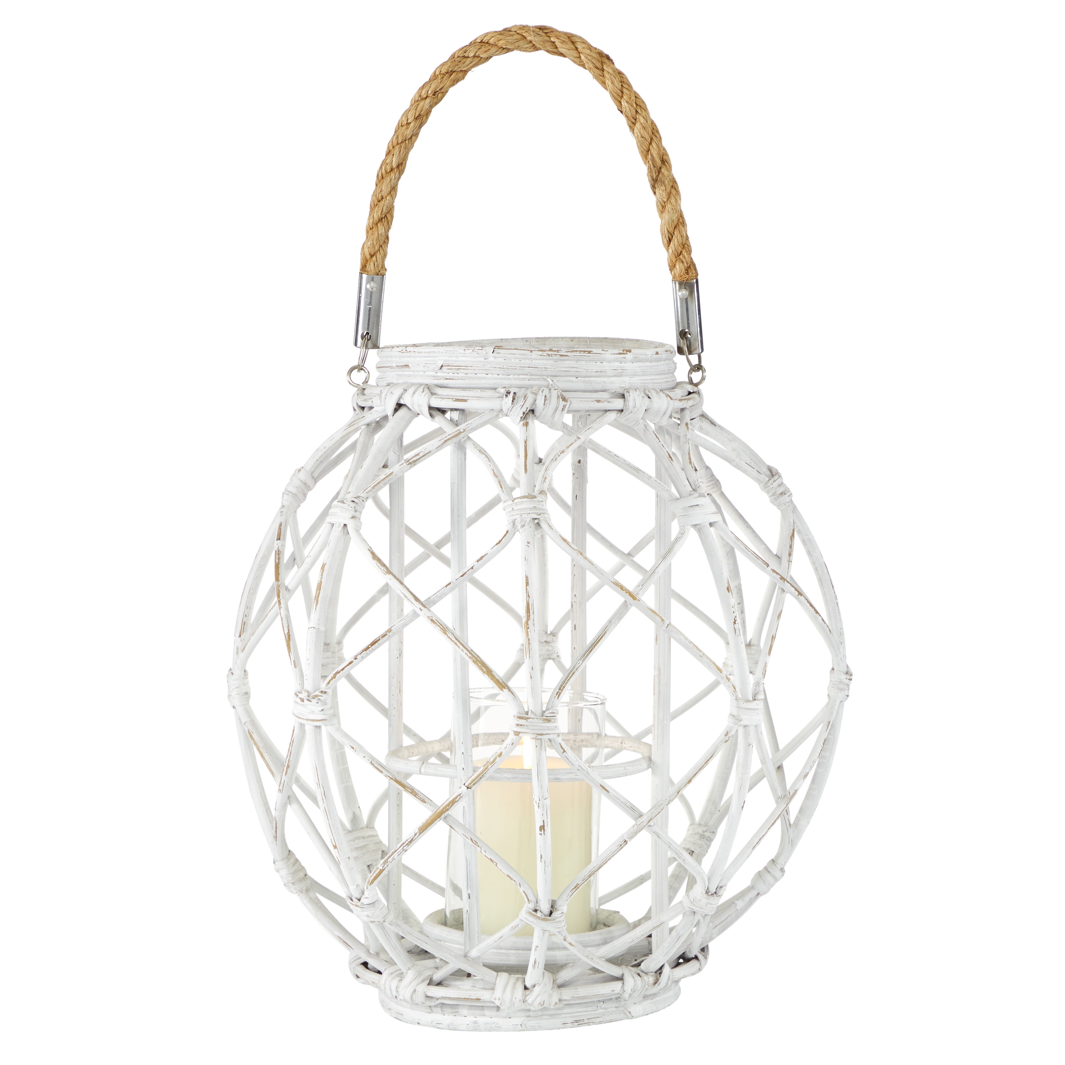 Decmode 15” x 15” Large Woven Rattan White Lantern w/ Burlap Jute Rope