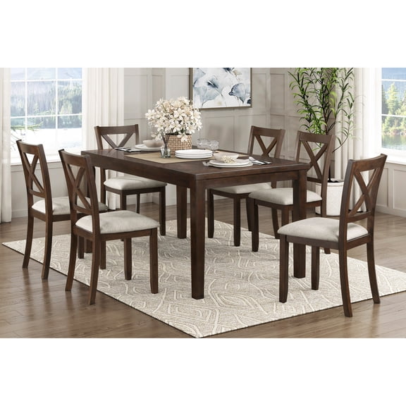 Dining Room Dark Cherry For 6 With Beige Upholstered Chairs Wood 7pc Fabric Seat