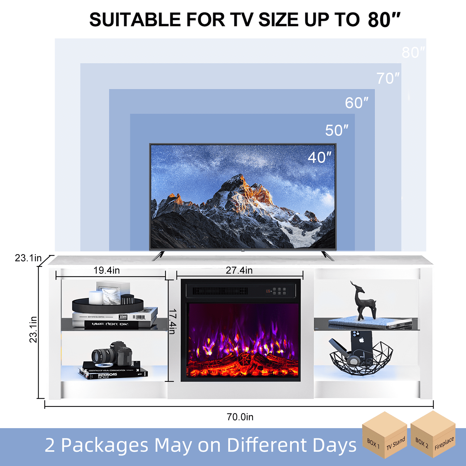 Rocyis 70'' Fireplace TV Stand with LED Light and Entertainment Center for 80'' TV with Adjustable Glass Shelves, White TV Console for Living Room/Bedrom, White