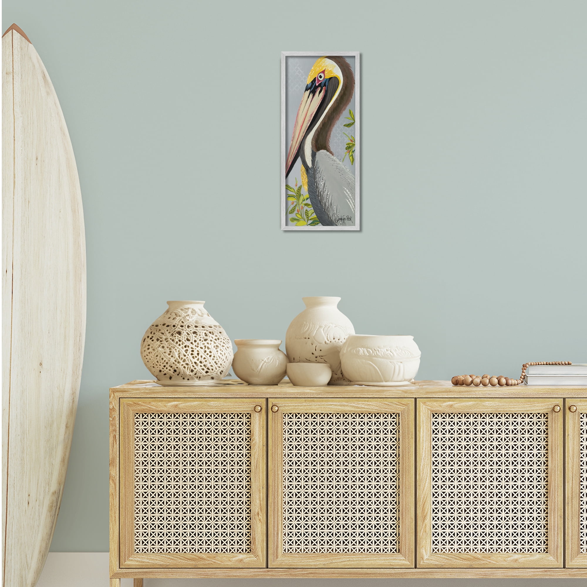 Stupell Industries Pelican on Grey Animals & Insects Painting Gray Framed Art Print Wall Art, 10 x 24