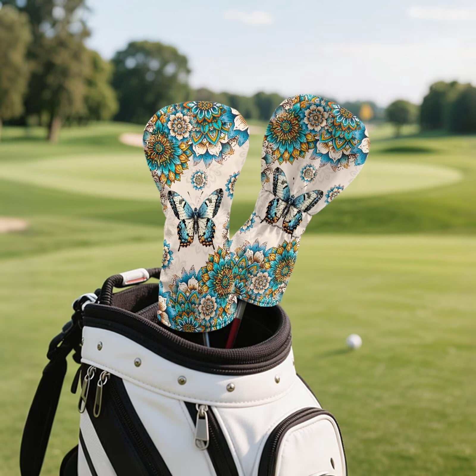 Uorisanigo Golf Club Head Cover PU Leather 3 Pcs Boho Mandala Butterfly Golf Headcovers for Woods and Driver Fairway Hybrids Women, Durable and Stain Resistant, Accessories Protection
