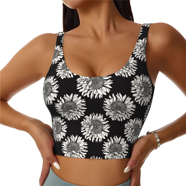 Fotbe White Sunflowers Sujetador Deportivo Largo sin Aros para Mujer con Almohadillas y Soporte Medio, Transpirable y Absorbente, Camiseta Tipo Chaleco o Tank Top-XX-Large