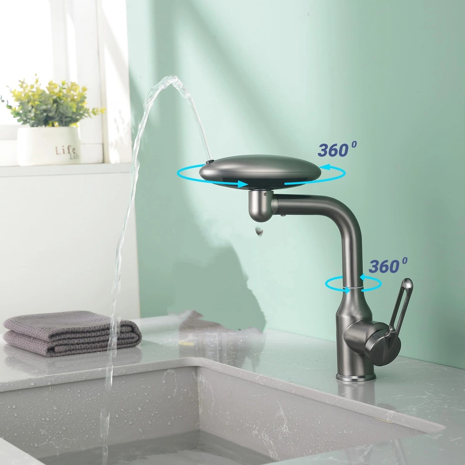 Ecohintz Bathroom Faucet, Modern Grey Bathroom Faucet with 360° Swivel Spout & 4 Spray Modes - Single-Hole Basin Tap with Water Supply Connections | Sleek & Practical Upgrade, Single Hole Faucet