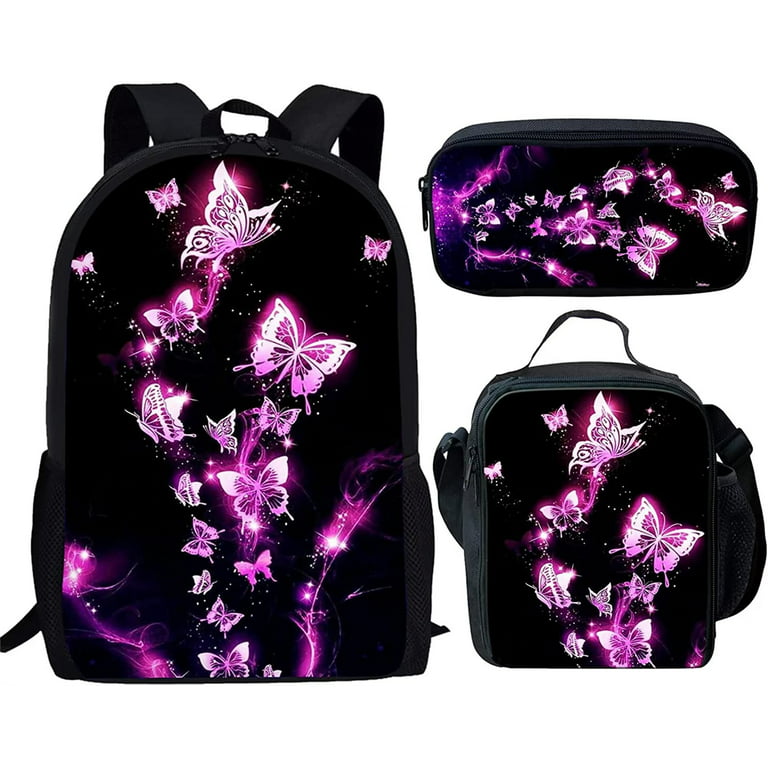 FKELYI Purple Butterfly Bookbags with Lunch Box for Girls Boys 8-12/10-12  Kids School Bag College Middle School Backpack Pencil Case Lunch Bag Bento