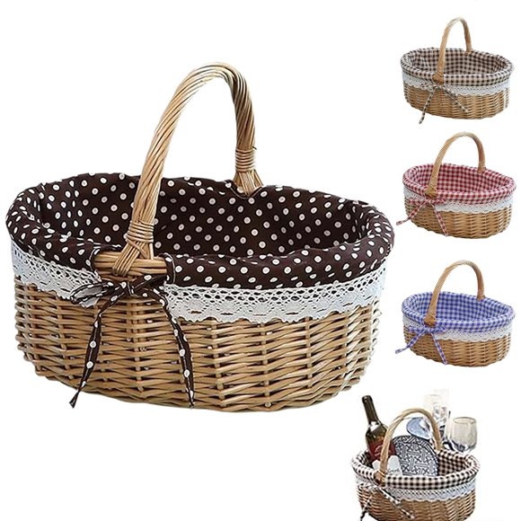 Sentmoon Woven Basket Wicker Woven Basket Hand Woven Wicker Storage Basket with Handle and Linen Cloth Lining Versatile Bread and Fruit Versatile Organizer for Home Party and Picnic