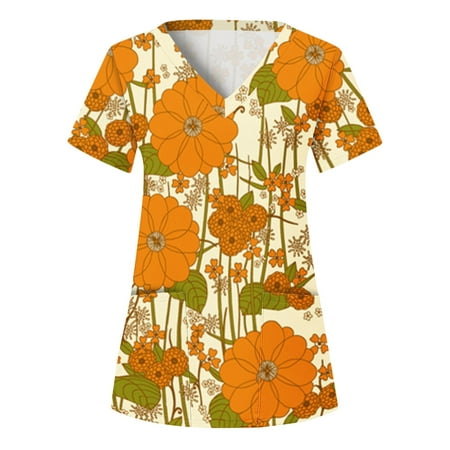

Women Scrubs Top Working Uniform Nurses Clothing Short Sleeve V-Neck Tops Printed T-Shirt Casual Workwear