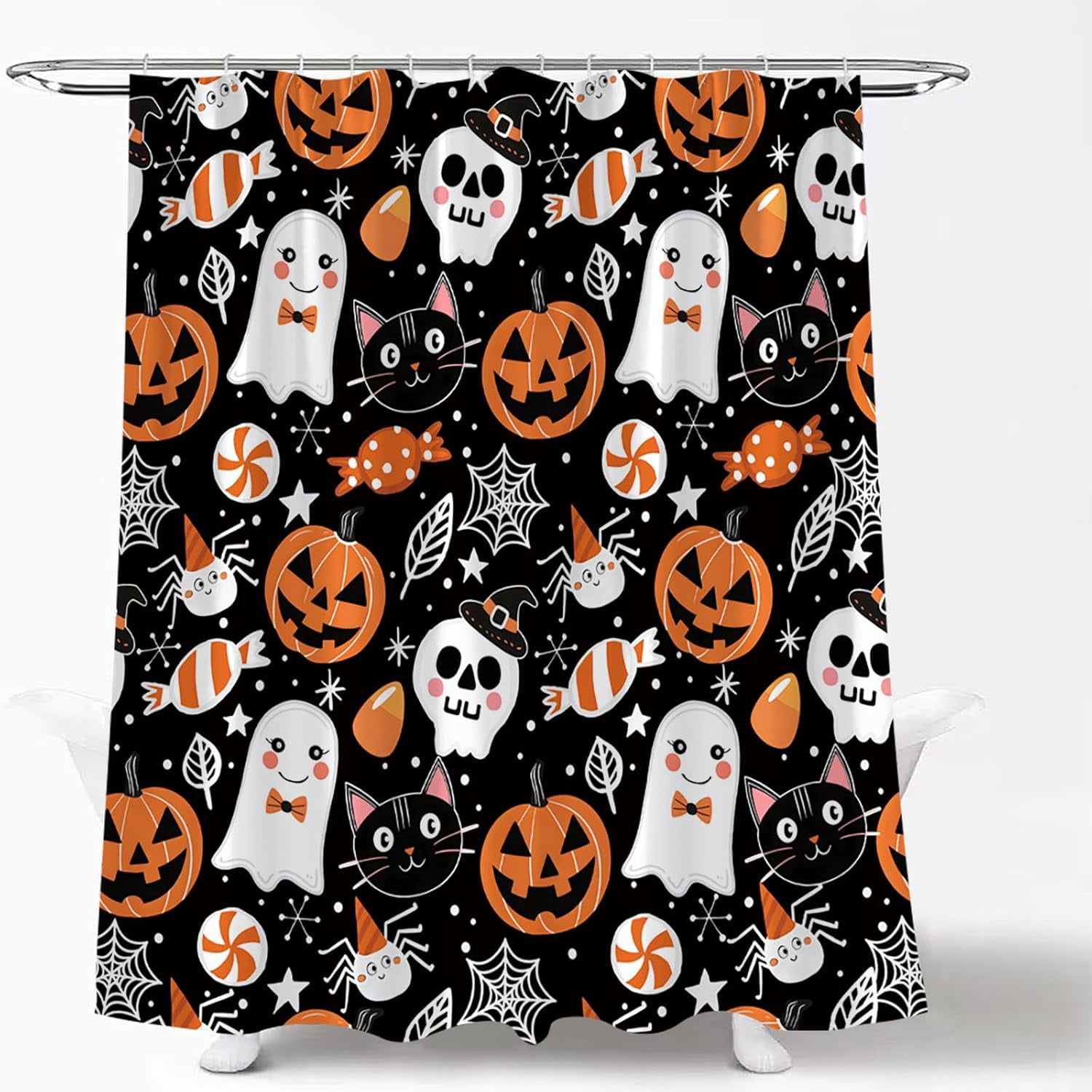 Happy Halloween Shower Curtain Cute Cartoon Pumpkin Spooky Ghost Orange Pumpkin Head Icons Funny Black Cat Spider‘s Web Skull Skeleton Witch Hat Fabric Bath Curtain Set with Hook
