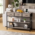 thumbnail image 2 of Aufeile 43" Narrow Console Table, Entryway Table with 3 Drawers and Outlets, Fabirc Sofa Table with Open Shelves for Couch, Hallway, Foyer, Living Room, Gray, 2 of 7