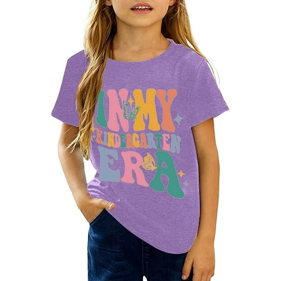 Huanglei Girls Graphic Tops Casual Short Sleeve Tee With Letter Print Comfortable Round Neck Shirt For Kids Toddler Youth Daily Wear