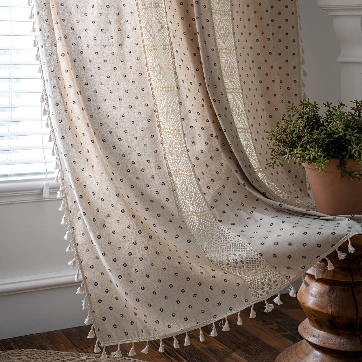 Vireellx Boho Curtains for Bedroom, Cream Hollow Crochet Stripes and Florals Print Cotton Linen Fabric Patchwork, Bohemian Beige Tassel Semi-Blackout Window Panel Farmhouse Drape