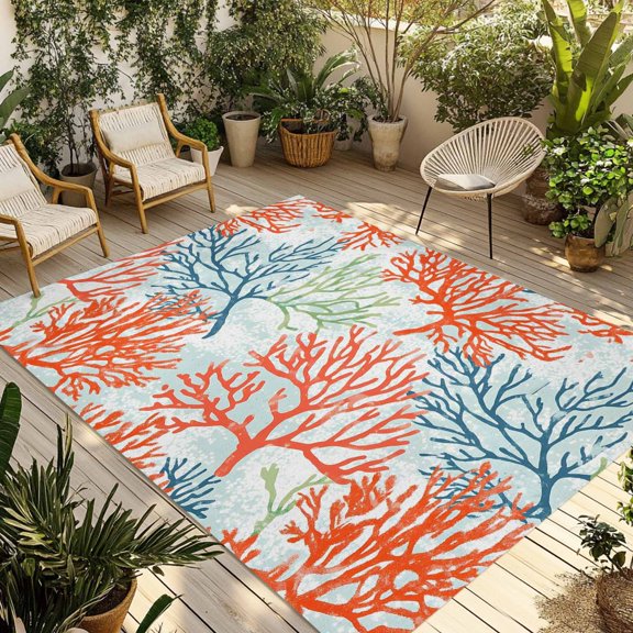 Fsddascl Ocean Coral Outdoor Rug for Patio/Deck/Porch, Non-Slip Large Area Rug 4 x 6 Ft, Abstract Boho Gradient Coastal Polka Dots Indoor Outdoor Rugs Washable Area Rugs, Camping Rug Carpet