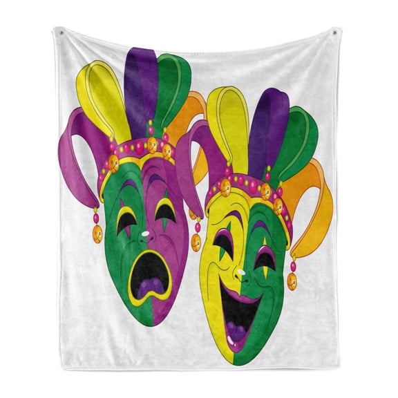 Mardi Gras Soft Flannel Fleece Throw Blanket, Traditional of Tragedy and Comedy Festival Celebration Masquerade Theme, Cozy Plush for Indoor and Outdoor Use, 50" x 70", Multicolor, by Ambesonne
