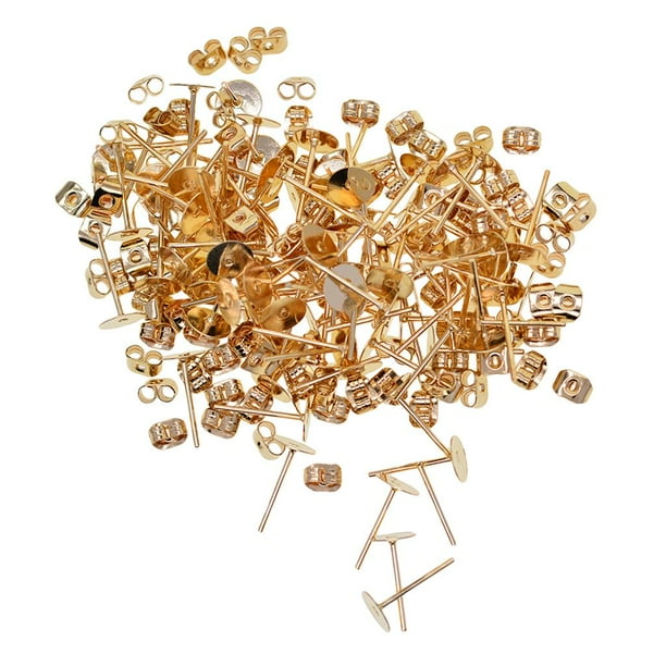 100 piezas de aretes de hierro con almohadilla plana de 6 mm y 100 piezas de cierre de arete Luz de oro