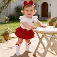thumbnail image 5 of Ymyiu Summer Newborn Clothes Baby Infant Girl Bodysuit Dress Outfit Short Sleeve Ribbed Skirt Romper Bow Headband 3 Piece Set 9 12 Months (Red,9-12 Months), 5 of 9