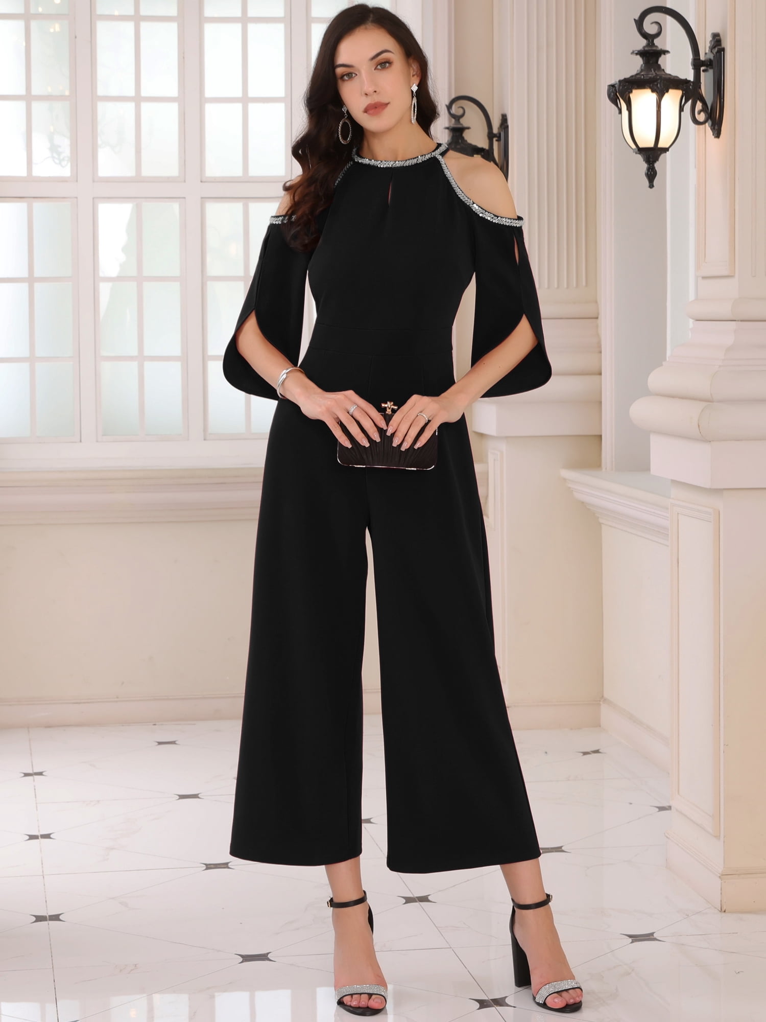 DARING DIVA Women's Dressy Jumpsuit Split Sleeve Wide Legs Cocktai XL Black