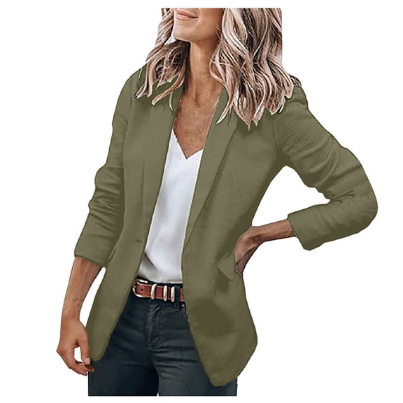 Women's Business & Leisure Cardigan Collar Jacket - Long-Sleeve Solid Color Single Button Blouse, Olive Green, L