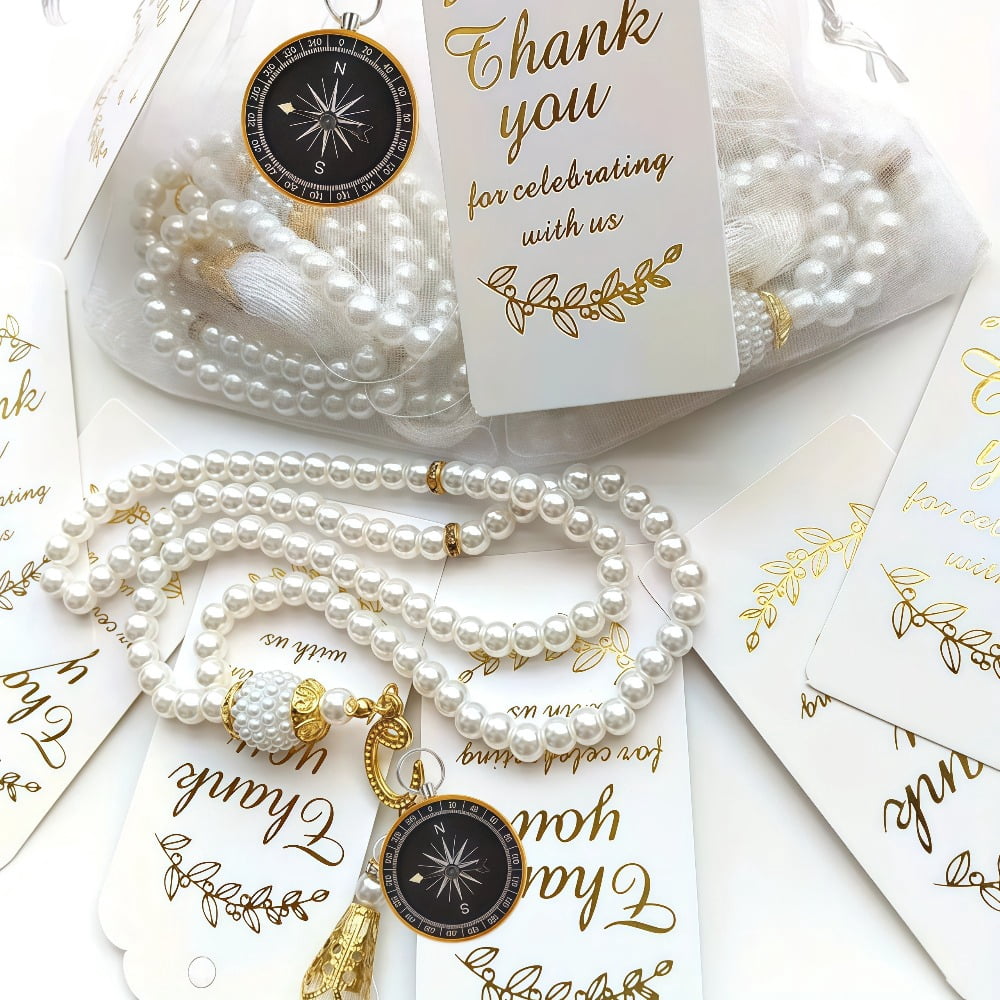 12 Sets Prayer Beads Favor Set, Pearl Beaded Bracelet with Crescent Moon Charm, Thank You Tags and Organza Bags, Baptism Religious Celebration Gift Supplies for Wedding Party Guests