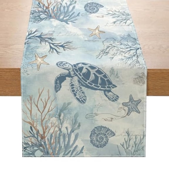 Remain Unique Coastal Sea Turtle Conch Table Runner 13x72 inch Summer Ocean Starfish Kitchen Dinning Table Decoration for Indoor Outdoor Home Party Decor