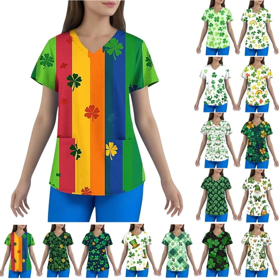 Feancey Womens Holiday Plus Size Scrub Tops St Patricks Day Shamrock Printed Nurse Scrubs Shirts Loose Fit Short Sleeve V Neck Working Uniforms with Pockets Green 3XL