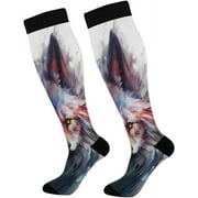 Bestwell Cool Wolf Compression Socks Women Men Knee High Stockings for Sports,Running,Travel 1Pair