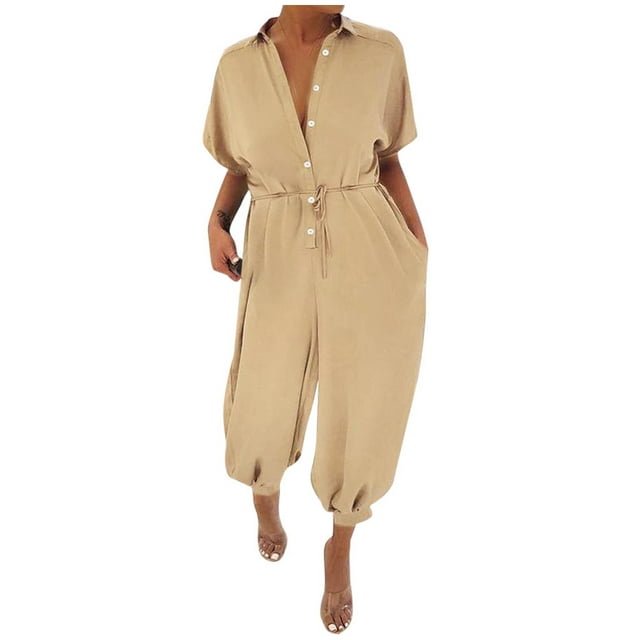 Combinaison Grande Taille pour Femmes Élégante petite Combinaison Imprimé Léopard Col en v Manches Courtes capris avec Poches