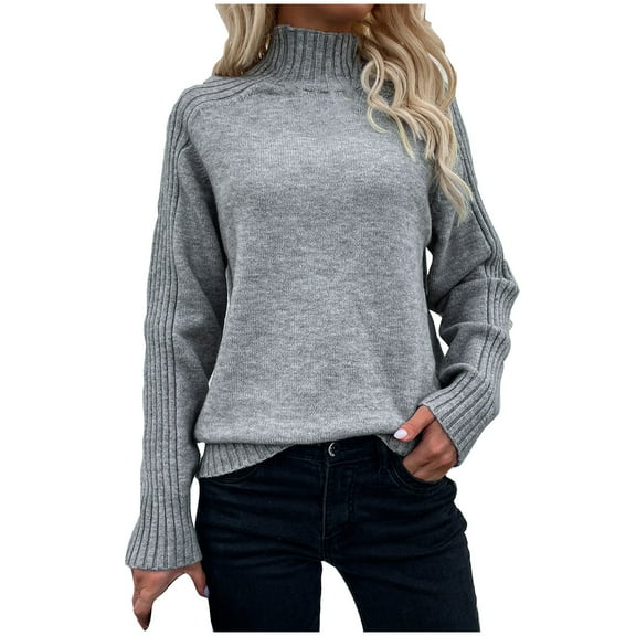 ylioge Sweaters for Women, Womens Loose Solid Color Fashion High Neck Pullover Knit Sweater Turtleneck Sweater Fall