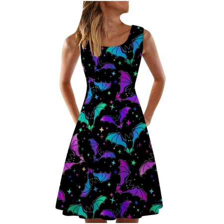 

Women’s Round Neck Sleeveless Tunic Dress Halloween Casual Summer Flowy Babydoll Swing Mini Shift Dresses Print Plus Size Loose Fit Holiday Beach Dresses