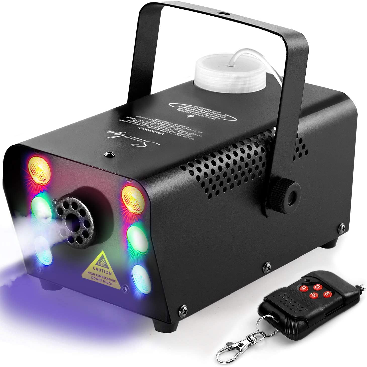 Halloween Fog Machine with Lights - 3 Stage LED Lights with 12 Colors & Strobe Effect for Party Wedding Holiday Christmas - Fansteck 500W Upgraded Wireless Remote Potable Smoke Machine（Metal White 