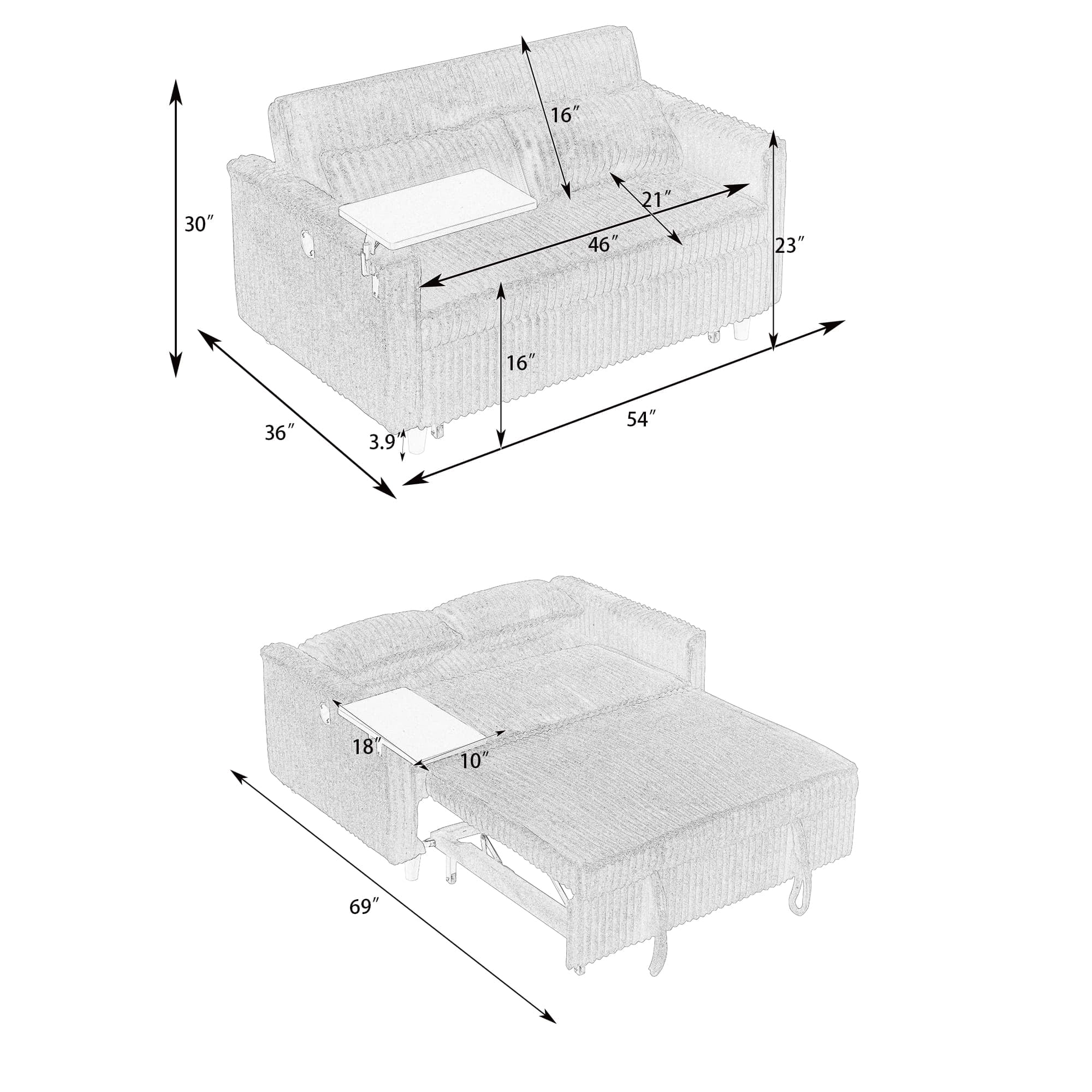 MAYEERTY 54" Pull Out Corduroy Sofa Bed with a Movable Tabletop and USB Ports, Loveseat Sleeper for Apartment, Living Room, Small Space, Yellow