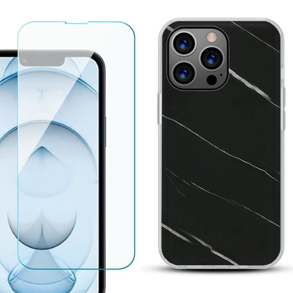 Slim-Fit Gel TPU Phone Case for iPhone 13 Pro Max, with Tempered Glass Screen Protector, by OneToughShield ® - Marble / Black