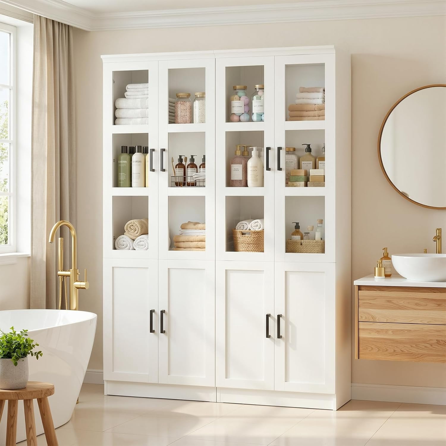 Homieasy 47.2'' Pantry Storage Cabinet 2-Piece Set, 79.7'' Tall Freestanding Kitchen Storage Cabinet with Glass Doors and Adjustable Shelves, Off-White