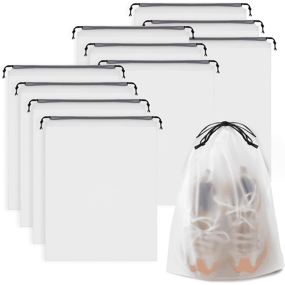 GZLOM 10 Pack Clear Shoe Bags, 15.7" x 11.8" Drawstring Travel Shoe Bags, Waterproof Dustproof Portable Shoe Storage for Men Women, Packing Bags for Sneakers, Dance Shoes, Gym, Travel