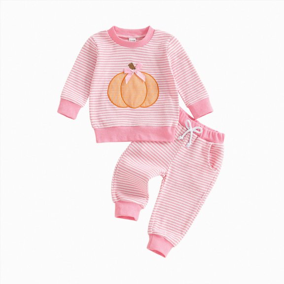 NOLDARES Toddler Baby Girl Halloween Outfit Pumpkin Sweatshirt Crewneck Pullover Shirt Pants Cute Fall Clothes Infant Set(Pink,18-24 Months)