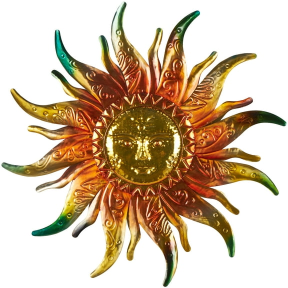 DecMode Gold Stainless Steel Metal Face Sun Wall Decor with Red, Green, and Orange Accents