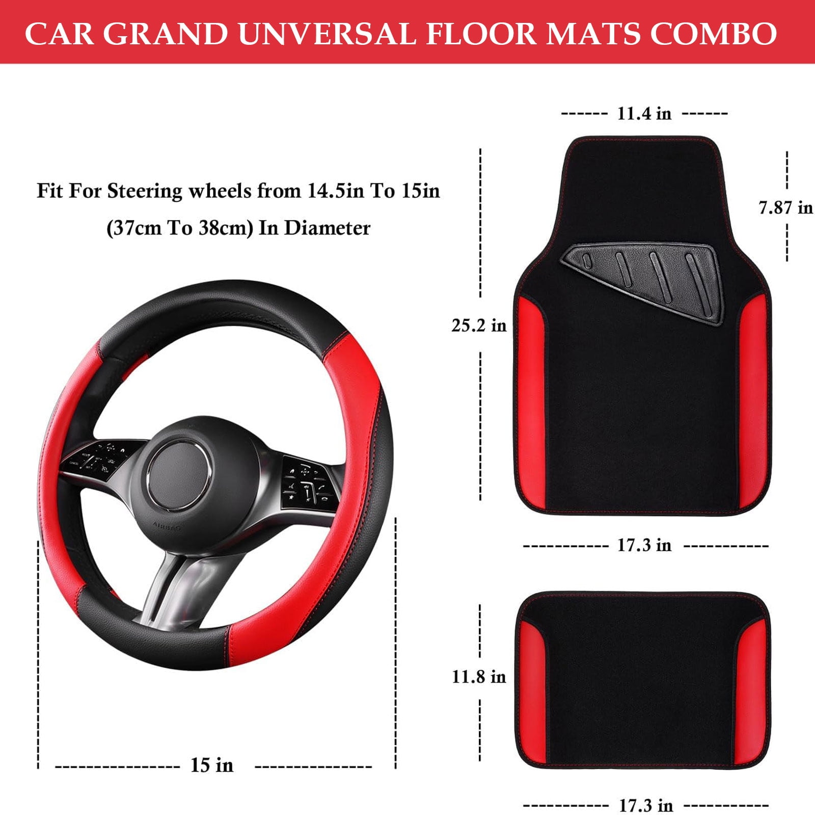 CAR GRAND Faux Leathercar Steering Wheel Cover Combo Pack Car Floor Mats, Universal Fit Waterproof Anti-slip Carpet 14.5-15 Inches Red & Black