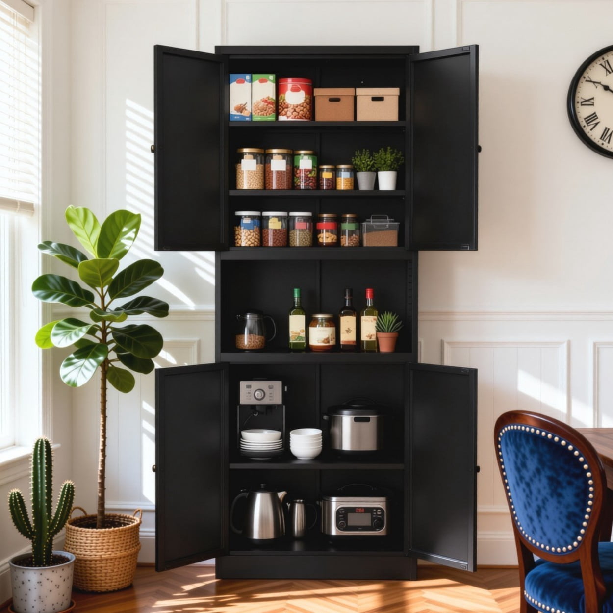 72" High Steel Kitchen Pantry Cabinet with Large Countertop, Heavy Duty Storage Organizer with Adjustable Shelves, Drawer & Hooks for Kitchen Bathroom Living Room, Black