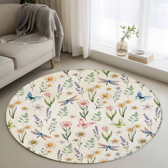 Spring Floral Round Area Rug 3.3Ft Washable Circle Rugs for Dining Room Table, Elegant Pastoral Flowers Dragonfly Retro Non-Slip Carpet Floor Mats Indoor Outdoor Carpet Runner Aesthetic Home Decor