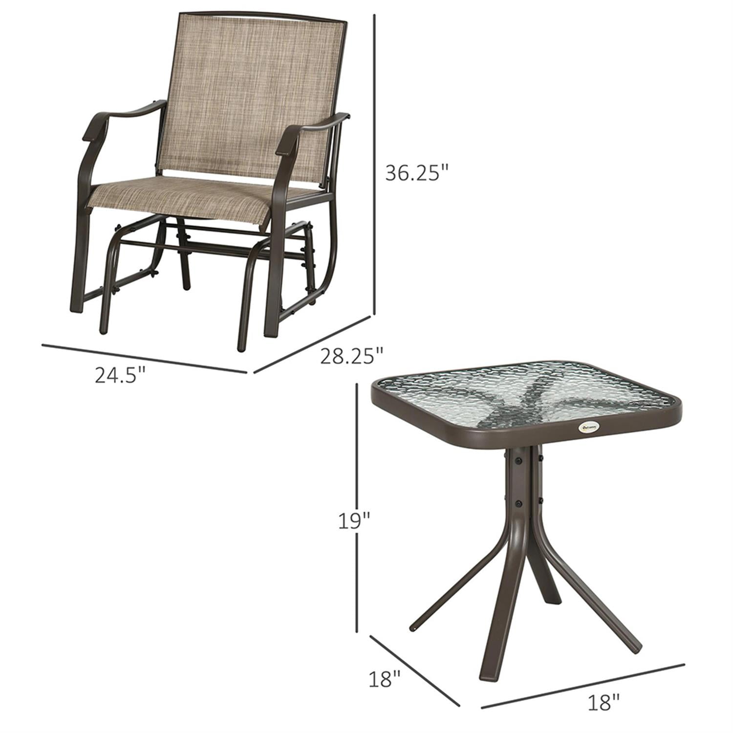 Demi Bonn 3 Piece Outdoor Glider Chair with Glass Tabletop Coffee Table Bistro Set, 2 Patio Rocking Chairs with Breathable Sling Fabric, for Backyard, Garden and Porch, Brown