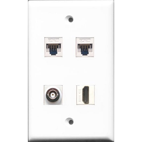 RiteAV - 1 Port HDMI and 1 Port BNC 2 Port Cat5e Ethernet White Wall Plate
