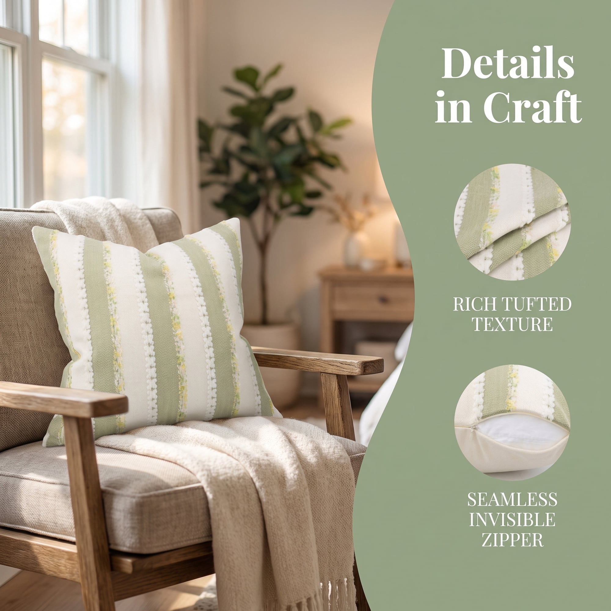 Unique Bargains 2Pcs Textured Frayed Striped Throw Pillow Covers Sage Green 18"x18"